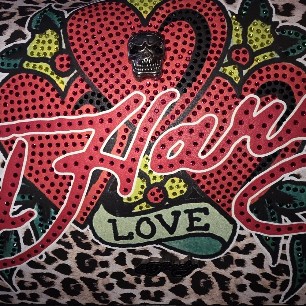 Ed Hardy Duffel Bag Cheetah Print Rhinestone Heart Love Skull Zipper Rare Htf